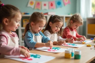 Enfants de grande section en crèche réalisant des empreintes de mains colorées pour la fête des mères
