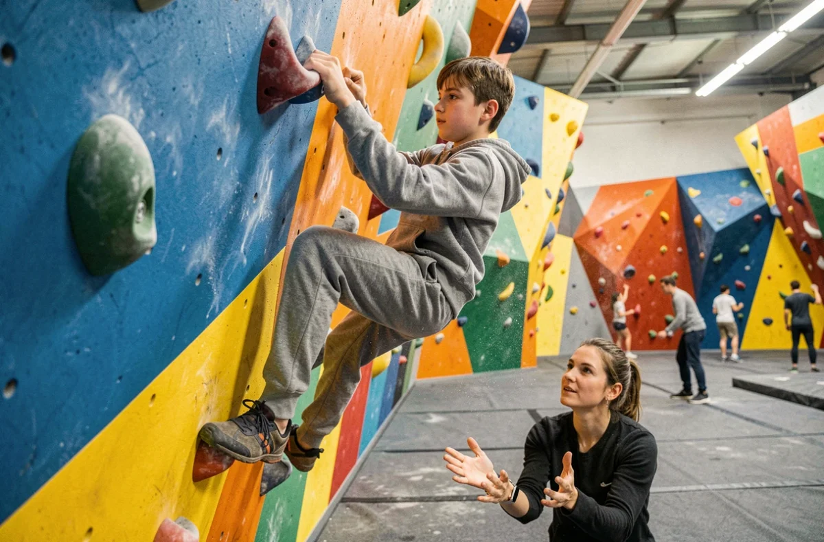 Un adolescent en train d'escalader un mur de bloc dans une salle d'escalade indoor à Paris en famille