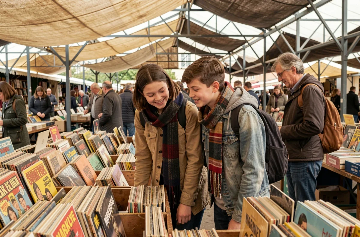 Deux adolescents parcourant les stands de vinyles et bandes dessinées au marché aux puces de Paris en famille