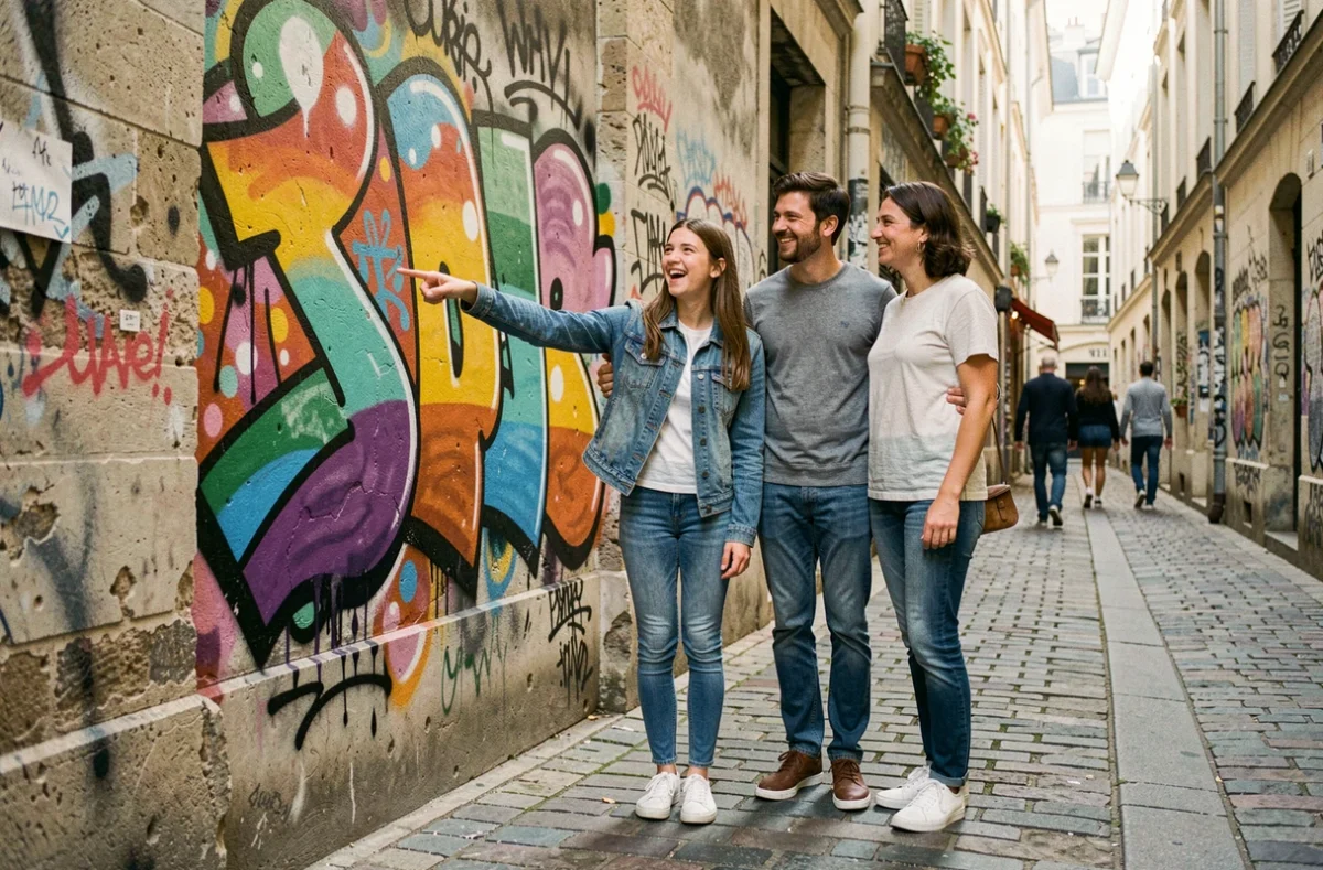 Une adolescente et ses parents devant un mur de street art coloré dans le Marais à Paris lors d'une sortie en famille