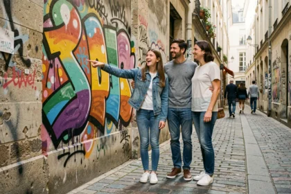 Une adolescente et ses parents devant un mur de street art coloré dans le Marais à Paris lors d'une sortie en famille