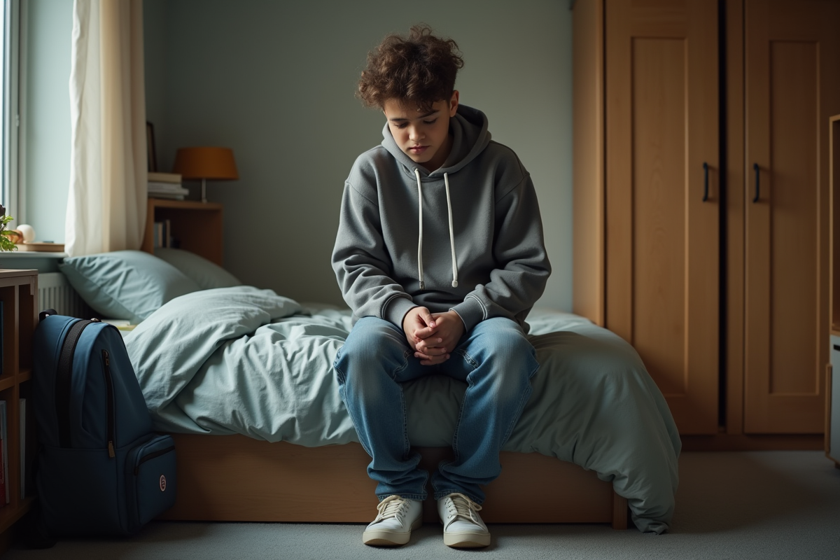 Adolescent pensif dans sa chambre ordonnee
