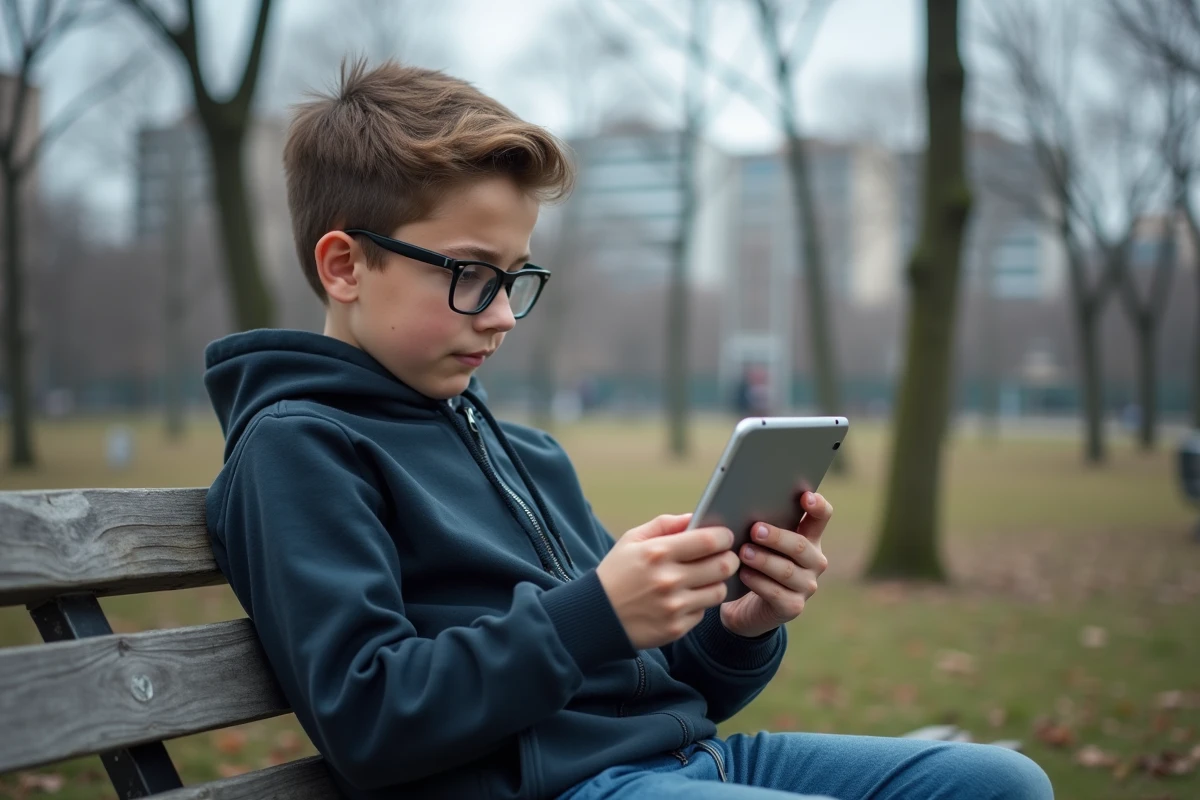 Adolescent concentré sur sa tablette dans un parc