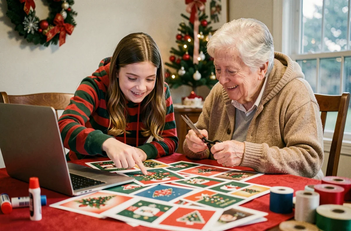Adolescente et grand-mère choisissant ensemble un modèle de carte de Noël gratuite à imprimer
