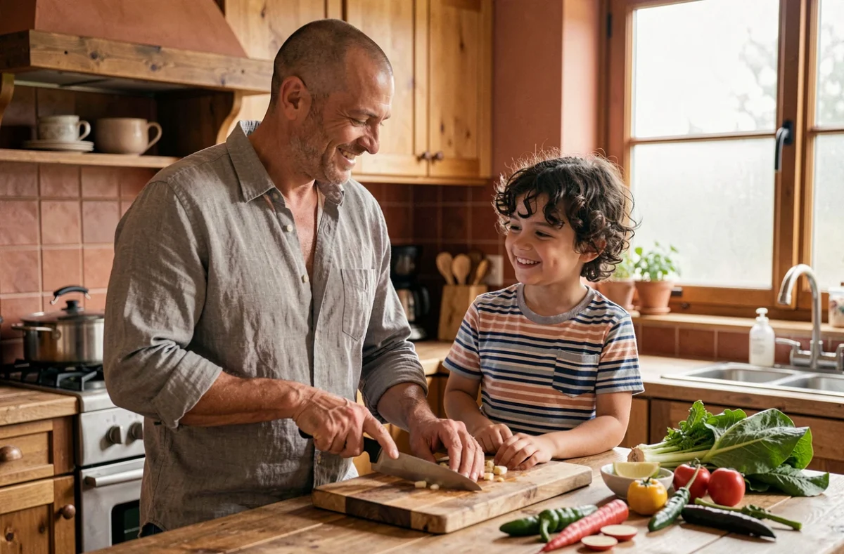 Père adoptif et son fils préparant un repas ensemble dans une cuisine familiale chaleureuse