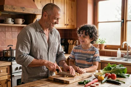Père adoptif et son fils préparant un repas ensemble dans une cuisine familiale chaleureuse