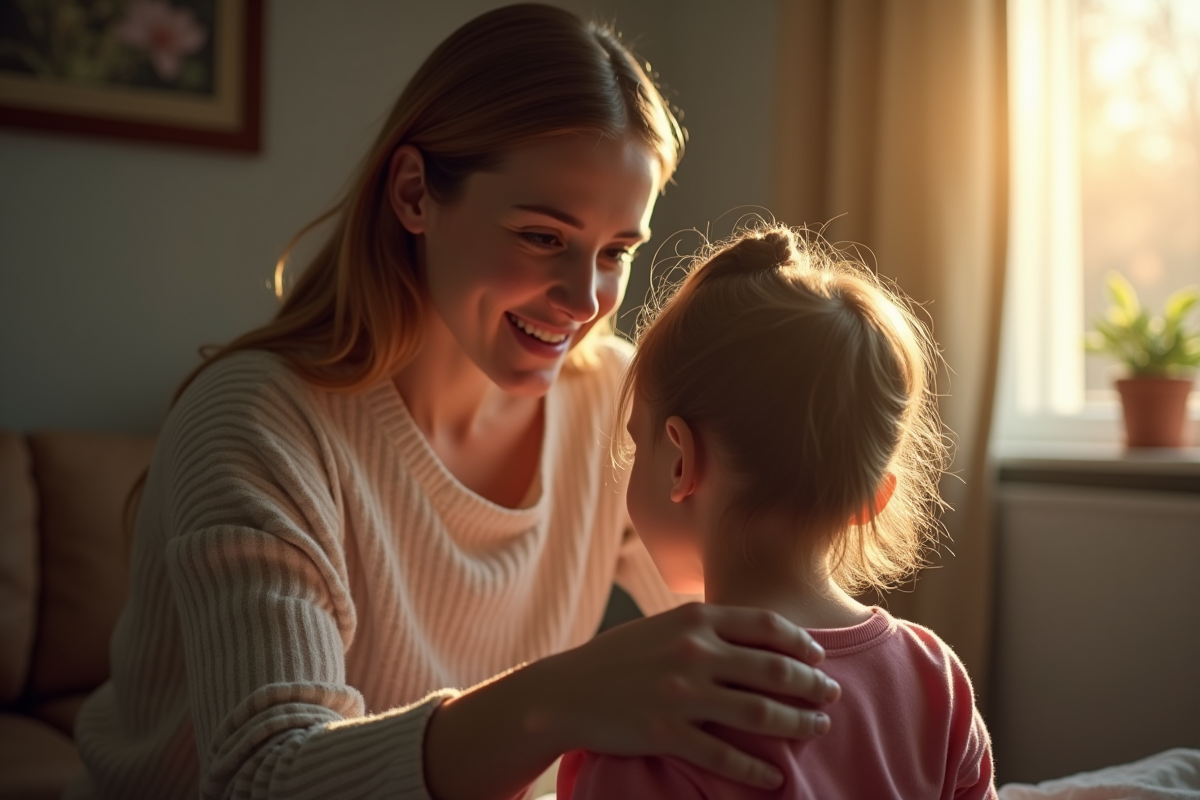 Adulte réconfortant un enfant dans un salon lumineux