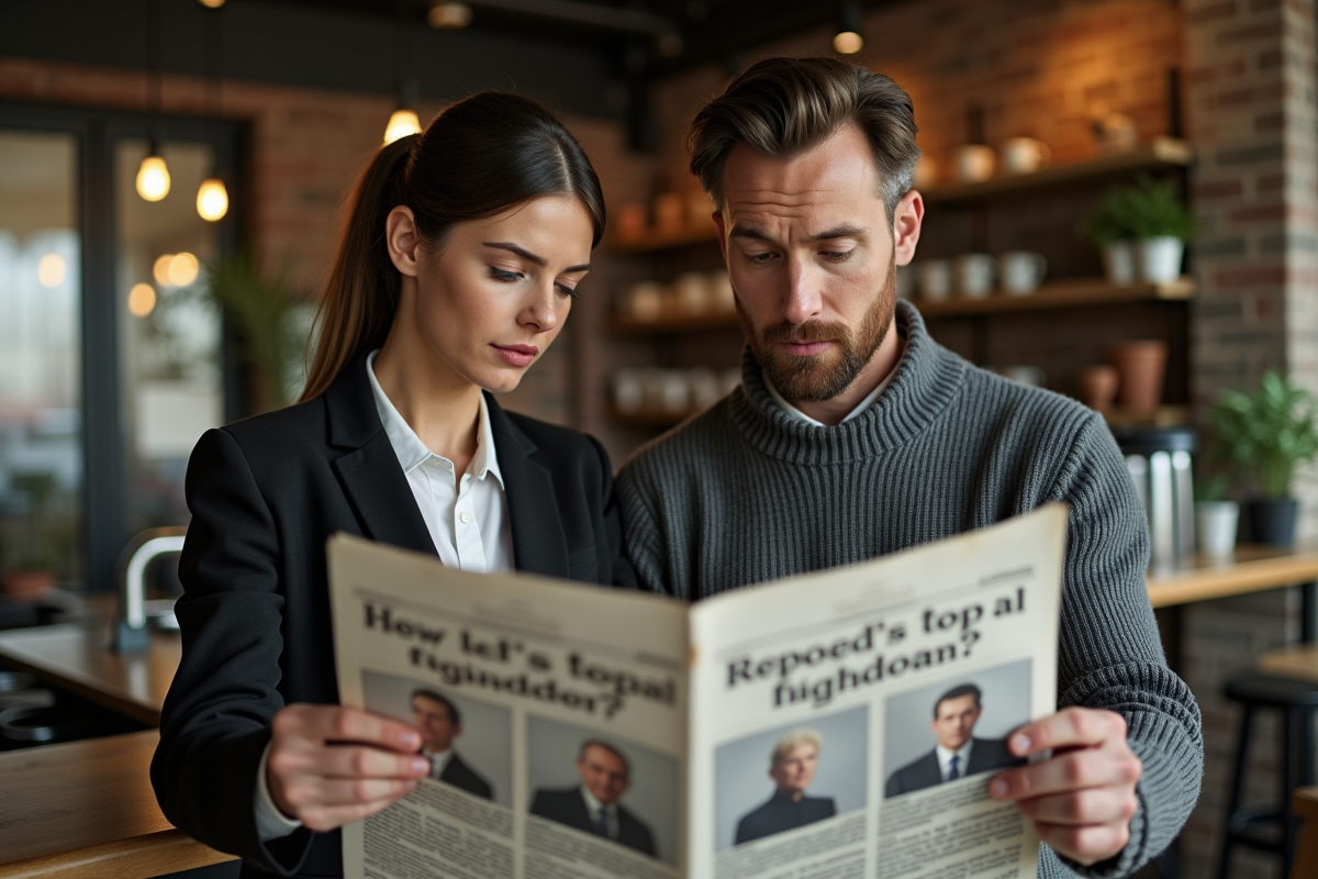 Deux adultes examinent un journal dans un café