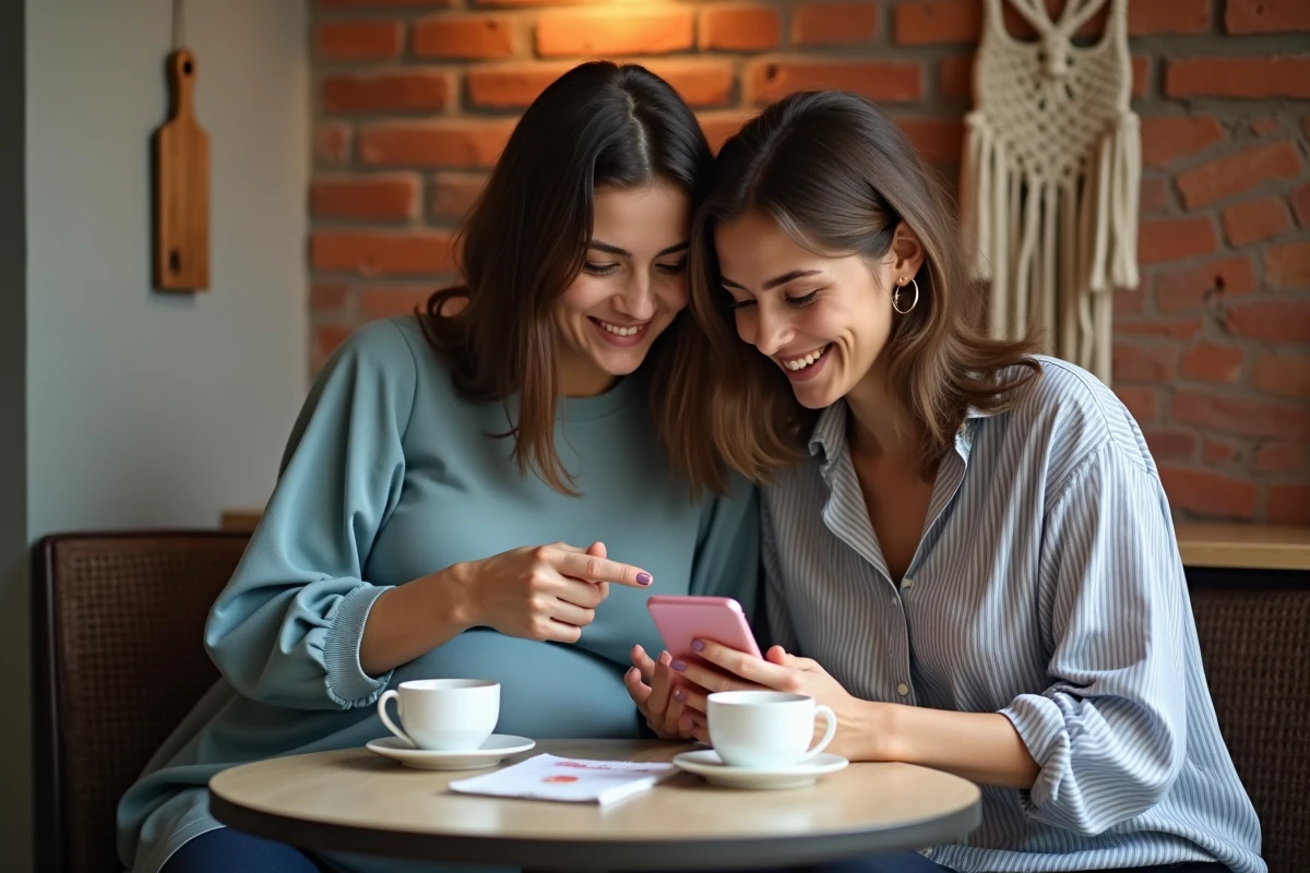 Deux amies dont une femme enceinte consultant un smartphone pour s'inscrire à des coffrets naissance gratuits autour d'un café
