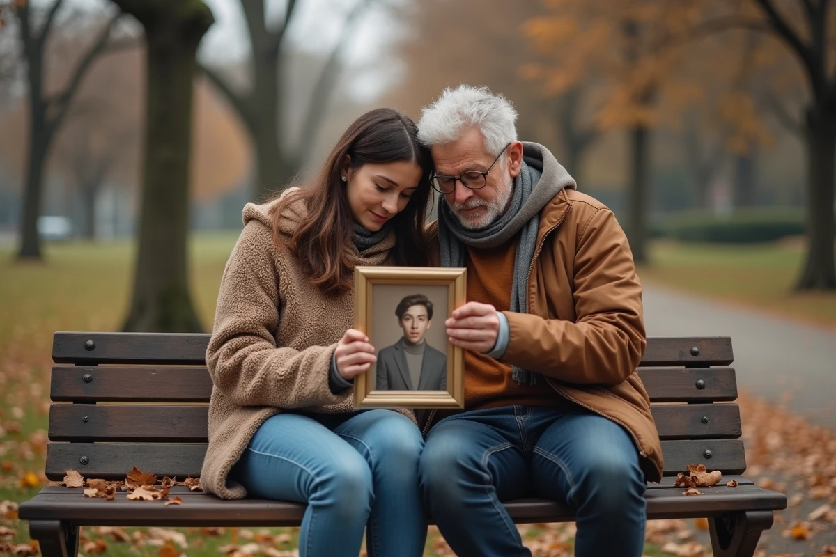 Deux adultes regardant ensemble une photo de famille en souvenir d'un proche décédé, assis dans un parc en automne