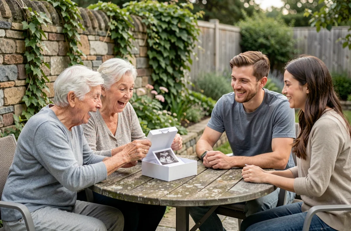 Famille réunie dans un jardin, grands-parents découvrant un cadeau surprise annonçant une grossesse avec combinaison de bébé et échographie