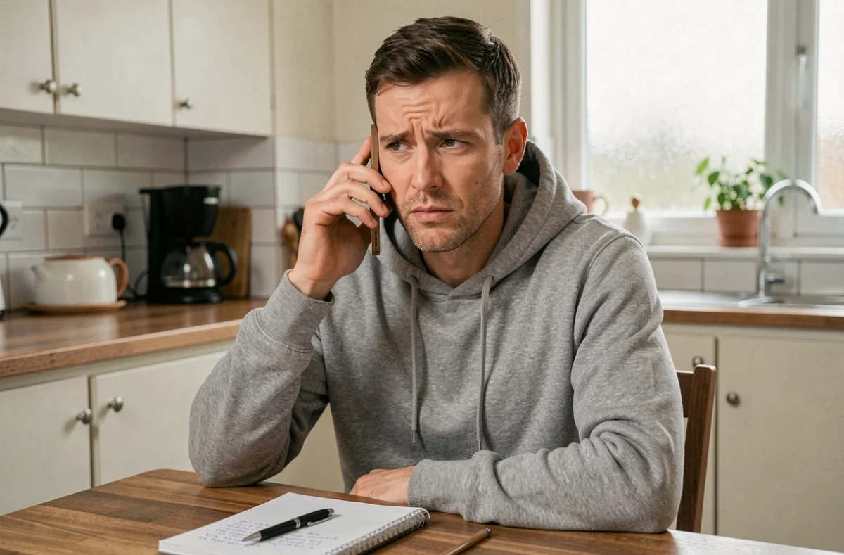 Homme appelant un numéro d'assistante sociale depuis sa cuisine avec un téléphone portable et un bloc-notes