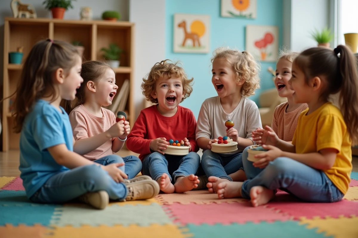 Enfants en atelier de musique chantant Trois petits chats en cercle avec des instruments à percussion