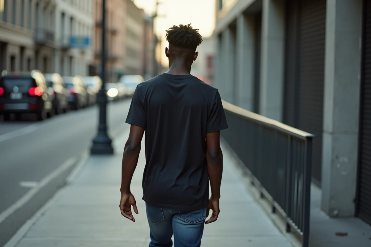 Jeune homme noir marchant dans une rue urbaine calme