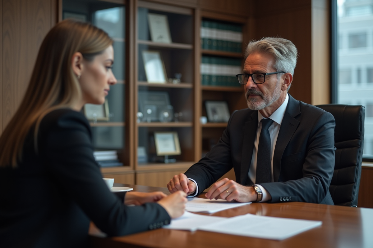 Femme avocate en costume discutant avec un avocat dans un bureau moderne