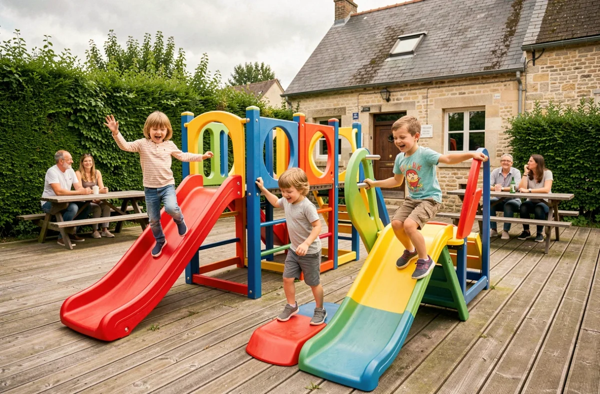 Jeunes enfants jouant dans les structures colorées du Bal Parc à Tournehem-sur-la-Hem