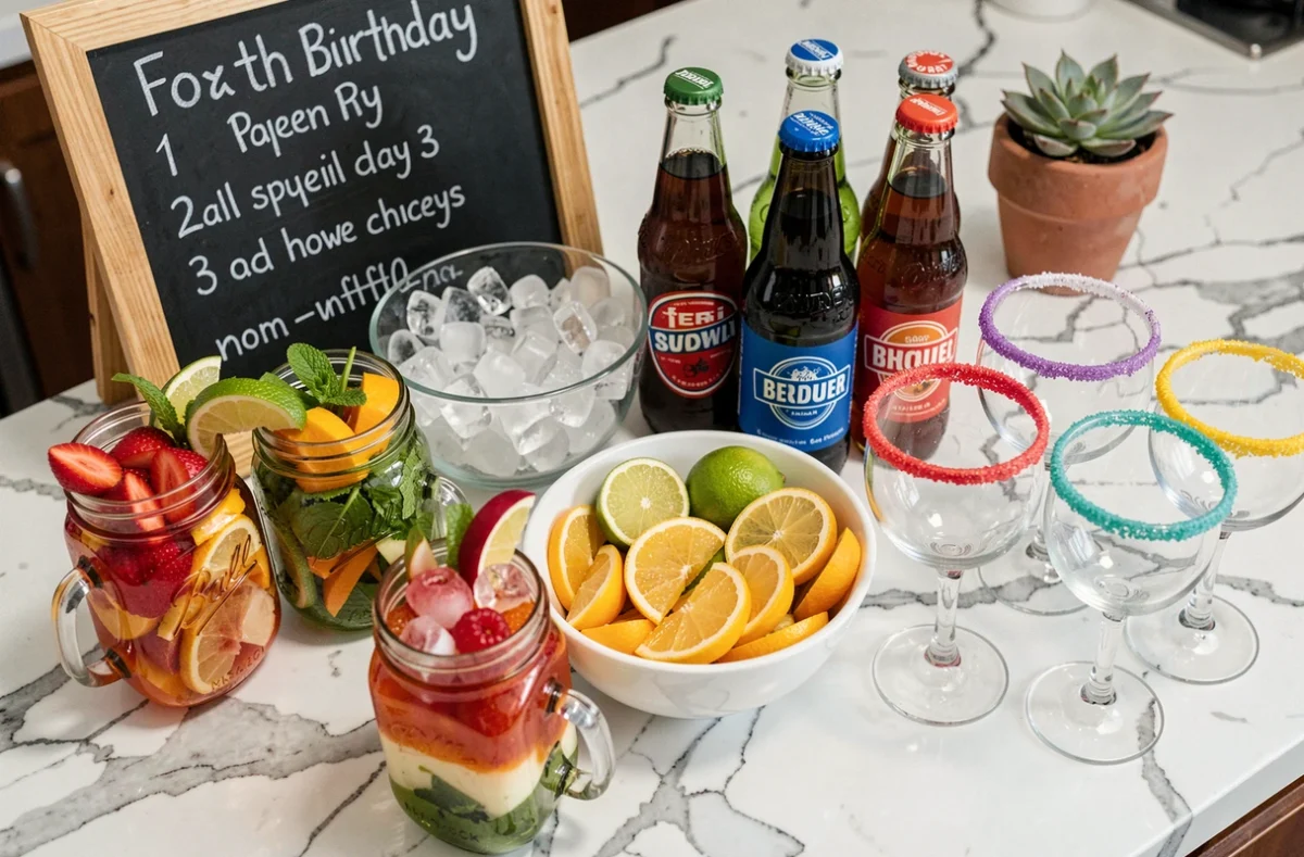 Station cocktails et mocktails DIY sur comptoir en marbre pour un anniversaire 18 ans à la maison avec menu ardoise et garnitures colorées