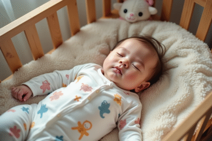Bébé fille endormie dans un lit en bois avec pyjama animalier