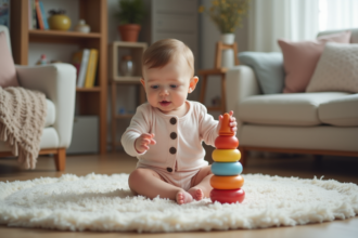 Bébé fille en robe pastel joue avec un jouet coloré