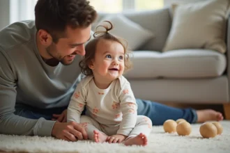 Bebe fille souriante avec son père dans un salon chaleureux