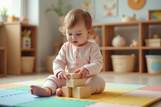 Bébé de 9 mois joue avec des blocs en bois dans une crèche chaleureuse