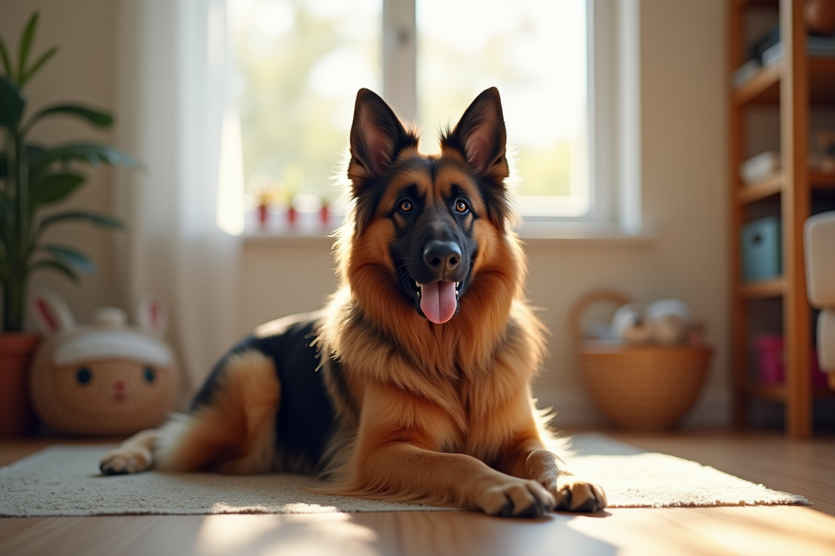 Chien berger allemand à poil long dans un salon lumineux