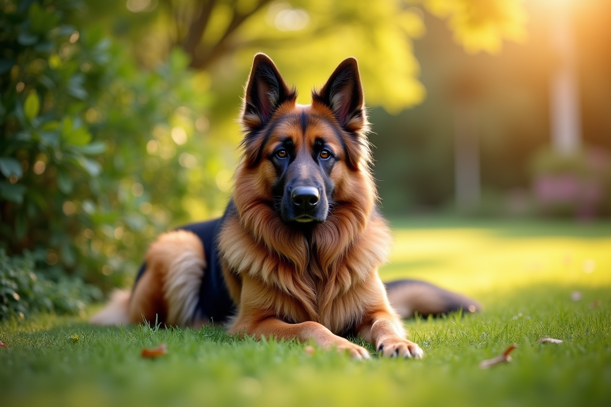 Chien berger allemand à poil long reposant dans le jardin ensoleille
