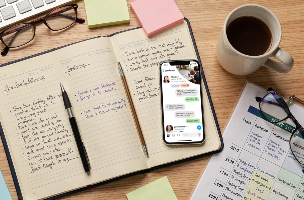 Vue du dessus du bureau d'un directeur d'école avec outils d'organisation et suivi des familles