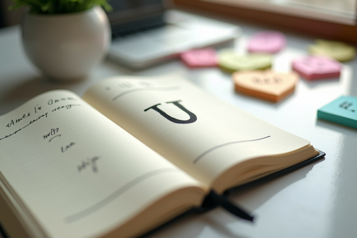 Espace de travail élégant avec un carnet ouvert sur la lettre U