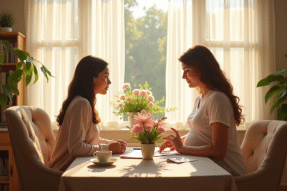 Espace de bureau lumineux avec une doula et une femme enceinte