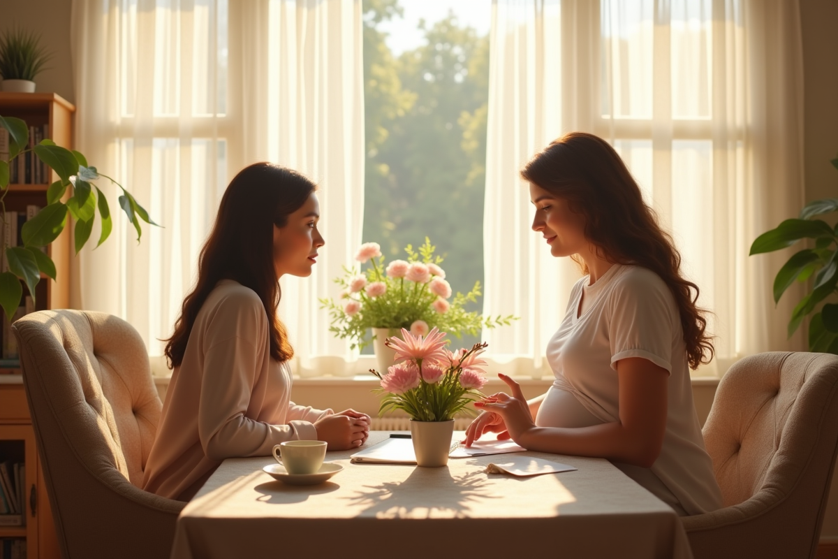 Espace de bureau lumineux avec une doula et une femme enceinte
