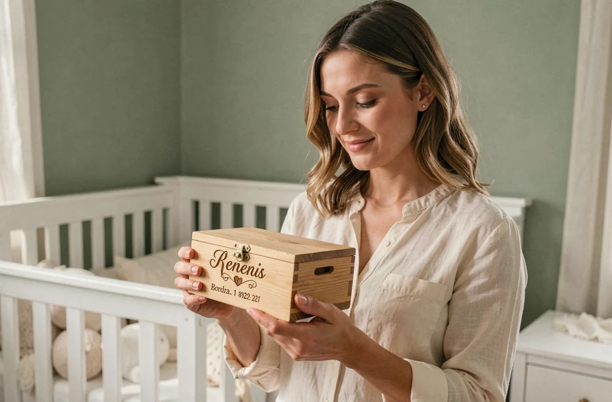 Mère tenant un coffret en bois personnalisé gravé au prénom de son bébé, cadeau naissance et baptême