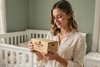 Mère tenant un coffret en bois personnalisé gravé au prénom de son bébé, cadeau naissance et baptême