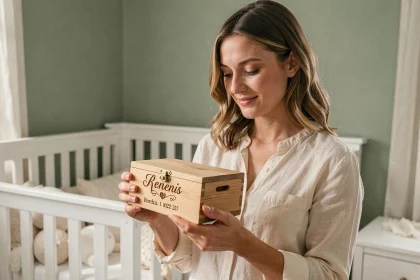 Mère tenant un coffret en bois personnalisé gravé au prénom de son bébé, cadeau naissance et baptême