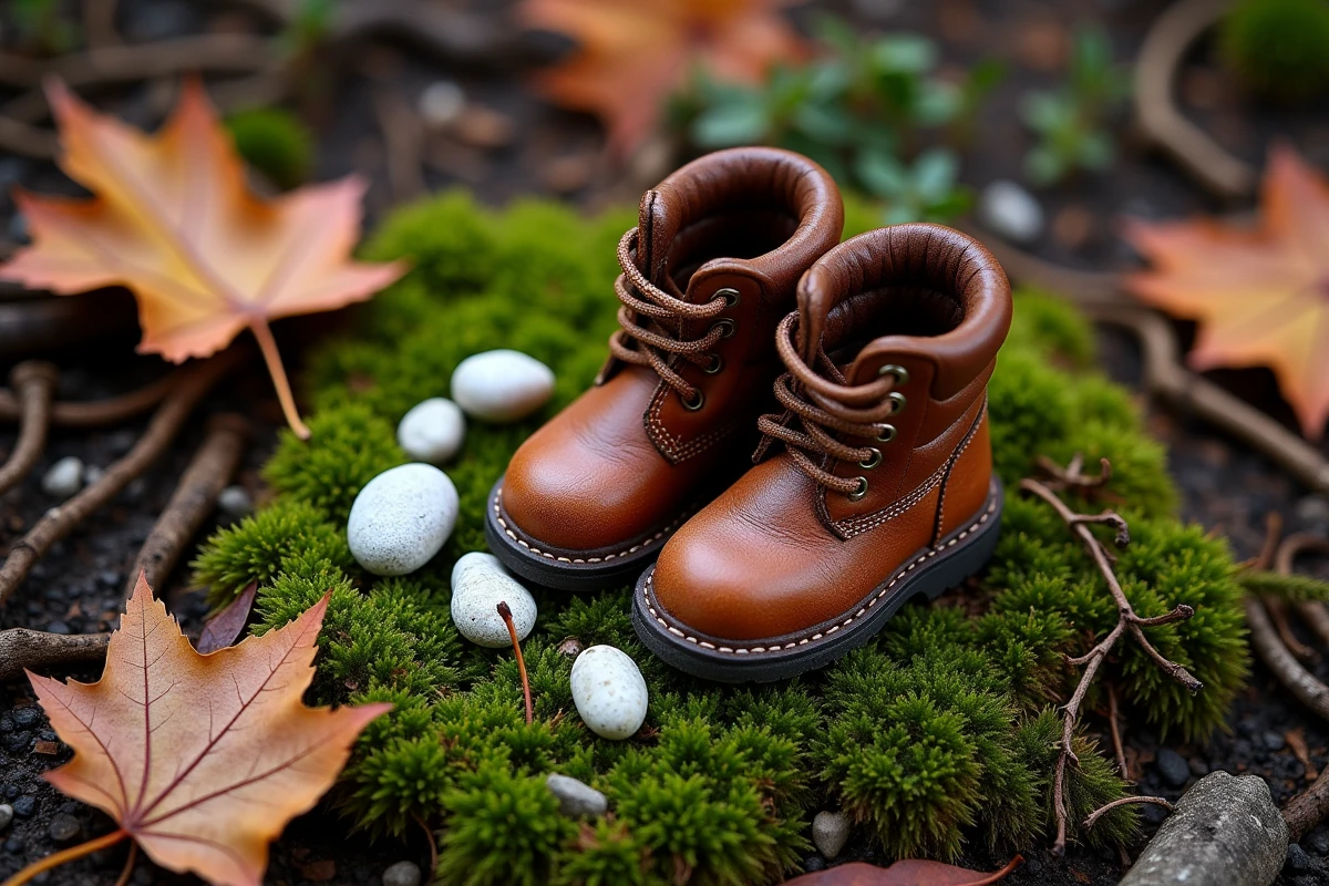 Détail symbolique des petits cailloux blancs et des chaussures usées du Petit Poucet sur un sol de forêt moussue