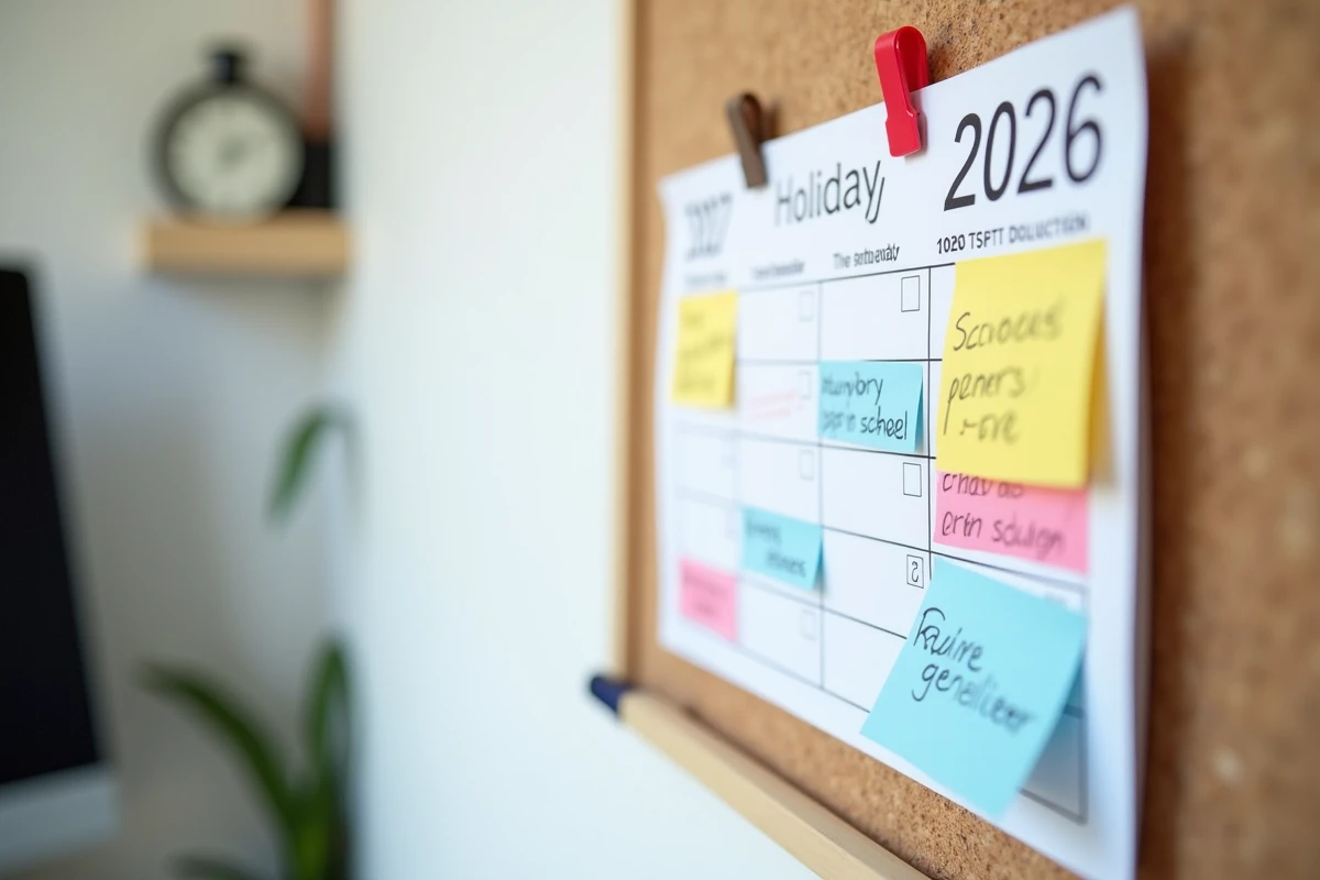 Calendrier imprimé des vacances scolaires 2026 affiché sur un tableau en liège avec annotations manuscrites