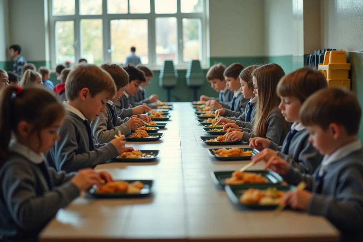 Élèves déjeunant dans une cantine scolaire française, illustrant les frais de restauration scolaire