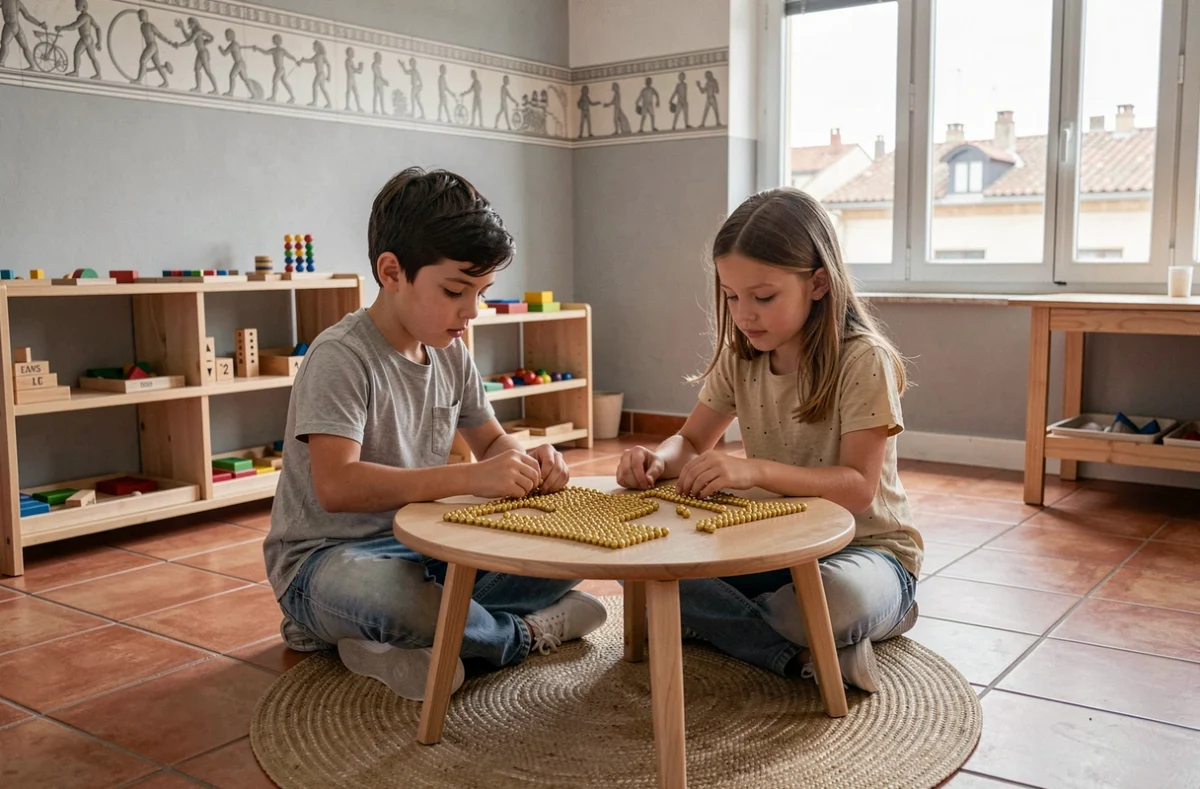 Deux enfants travaillant avec le matériel mathématique Montessori des perles dorées dans une salle de classe de Cap School Montessori Nîmes
