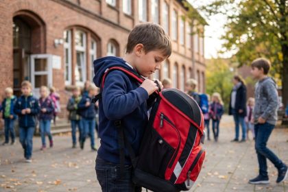 Garçon portant un cartable ergonomique rouge et noir devant l'entrée d'une école