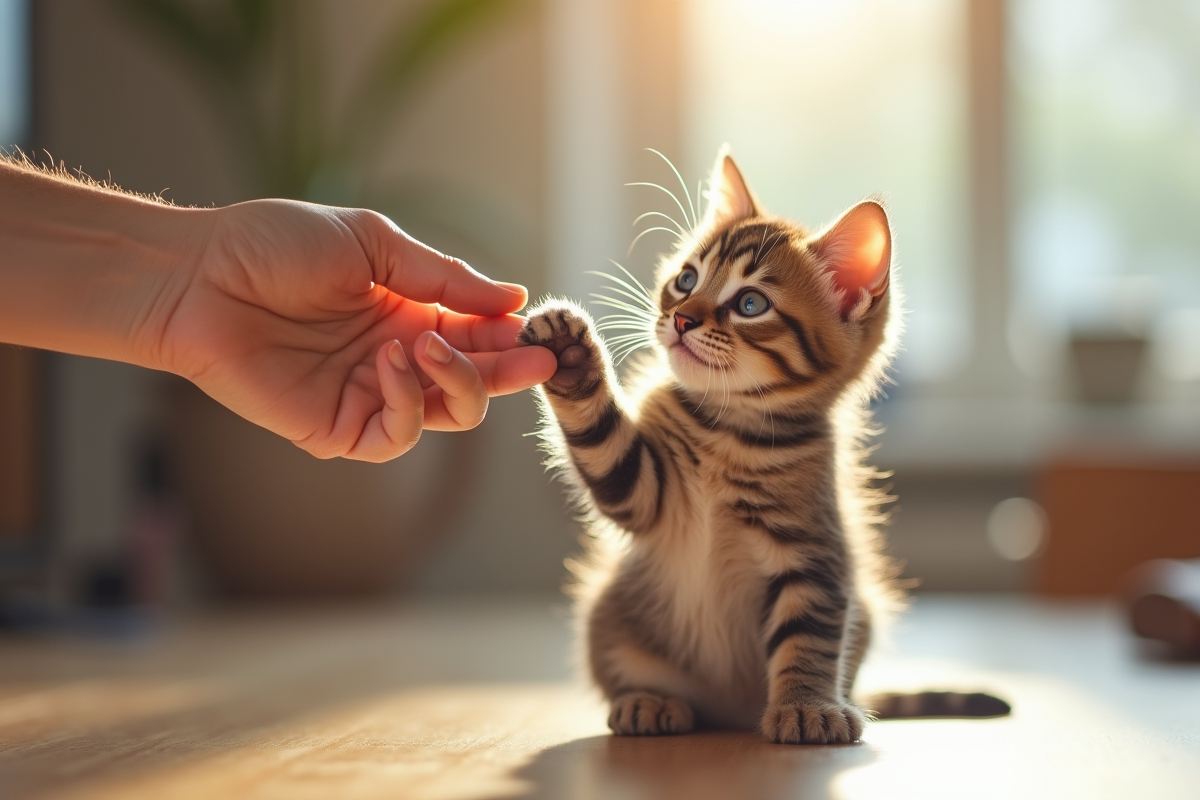 Chaton tigré recevant une friandise lors d’un entraînement