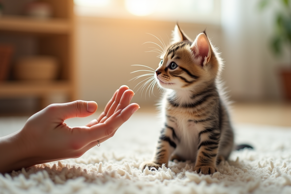 Chaton tigré assis attentivement sur un tapis ensoleille