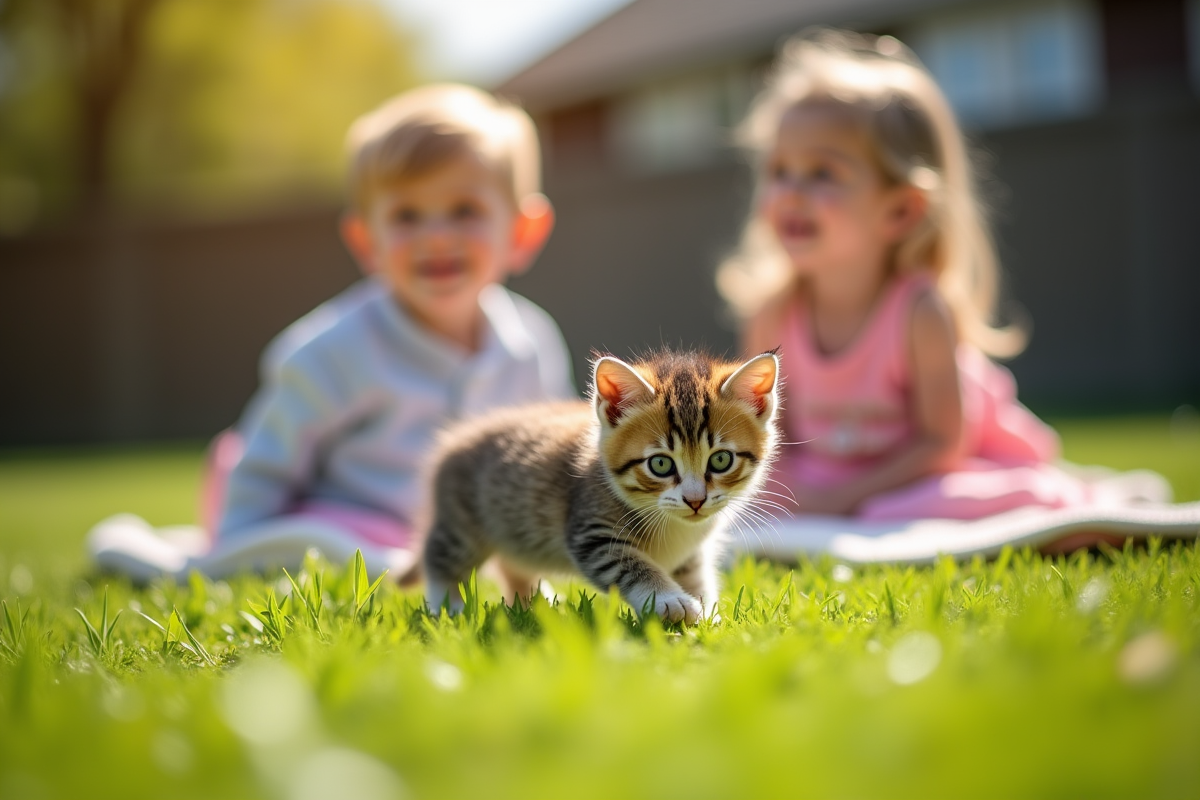 Chaton tricolore explorant dans le jardin avec deux enfants souriants