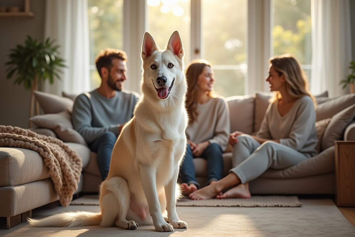 Chien belge calme assis dans un salon avec famille