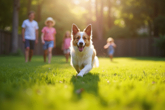 Chien belge joyeux jouant dans le jardin avec des enfants