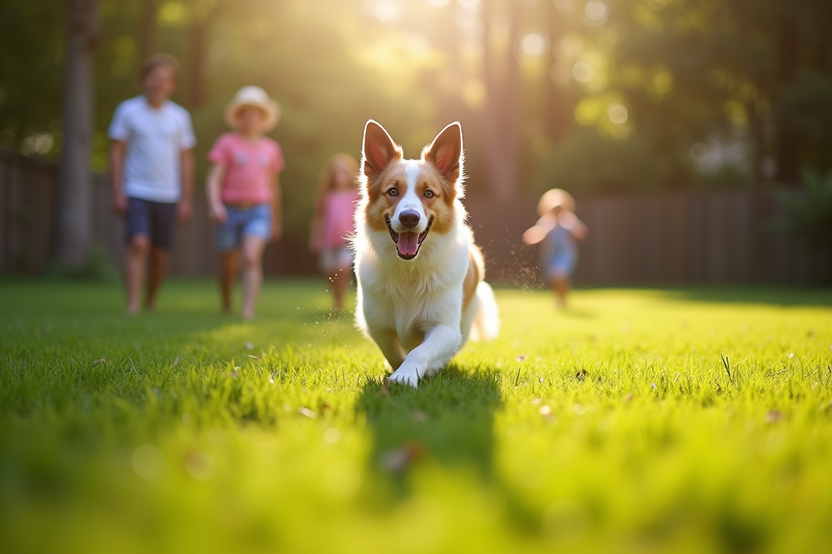 Chien belge joyeux jouant dans le jardin avec des enfants