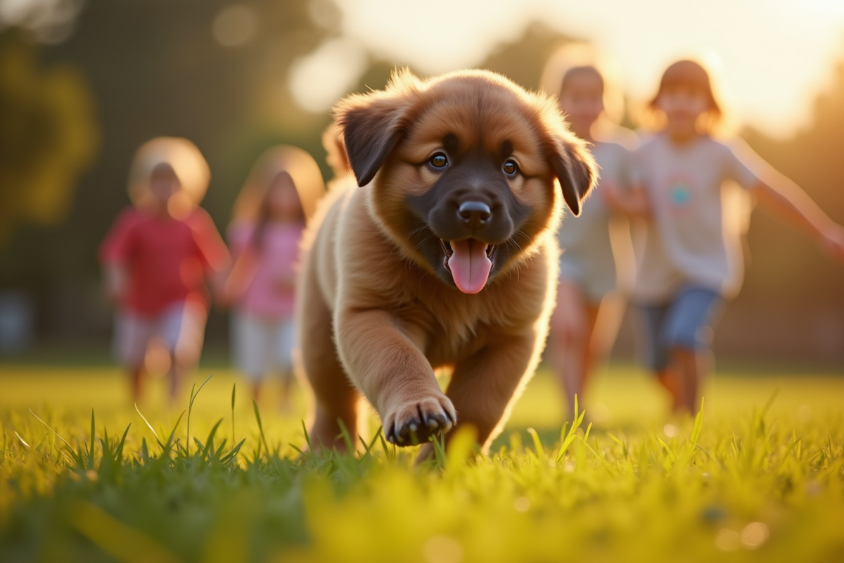 Chiot Newfoundland courant dans le jardin avec enfants en plein air