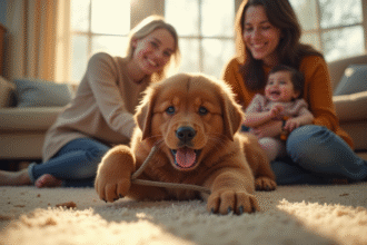 Chiot Newfoundland jouant avec famille dans salon lumineux