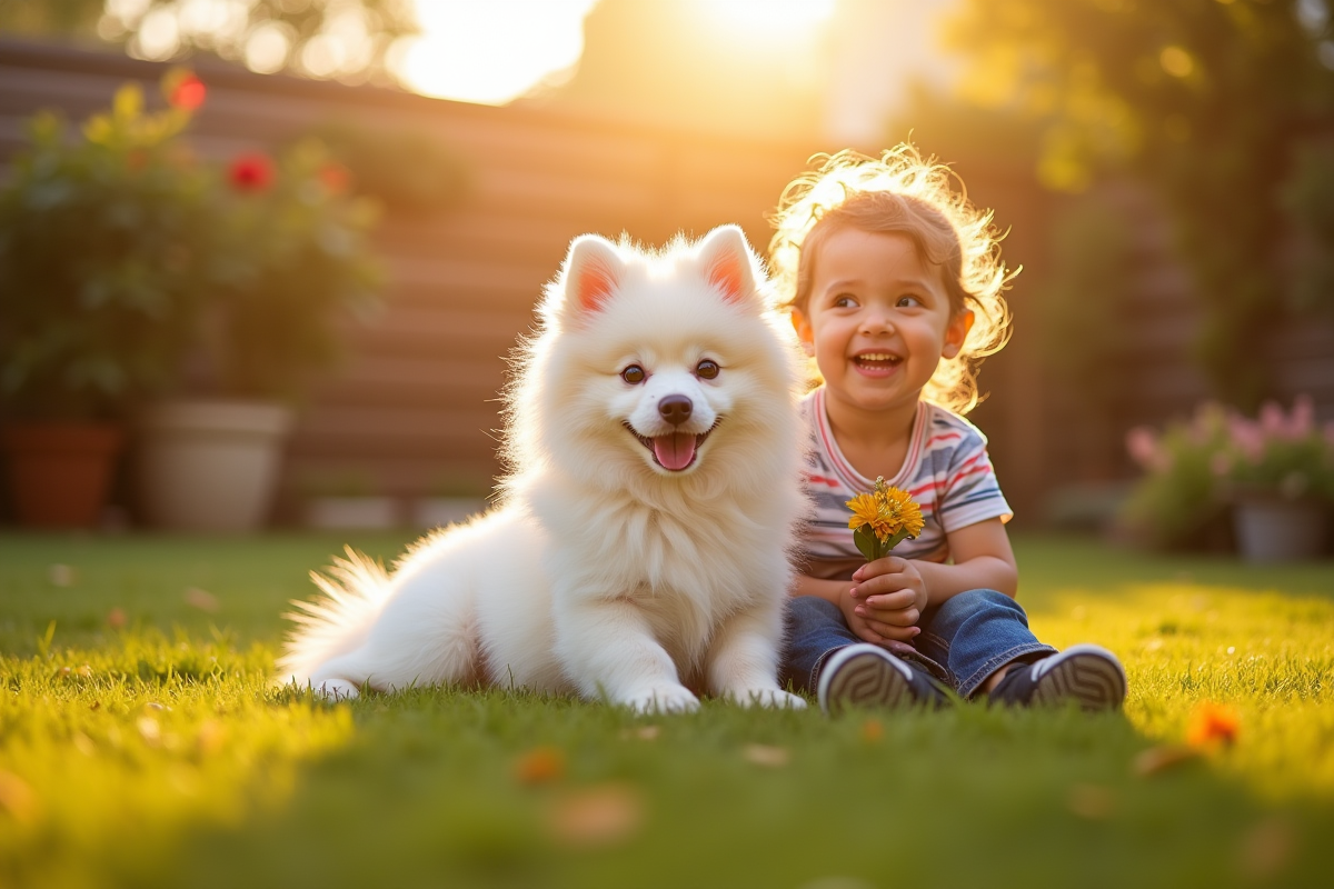 Chiot spitz japonais avec un enfant dans un jardin en fin d