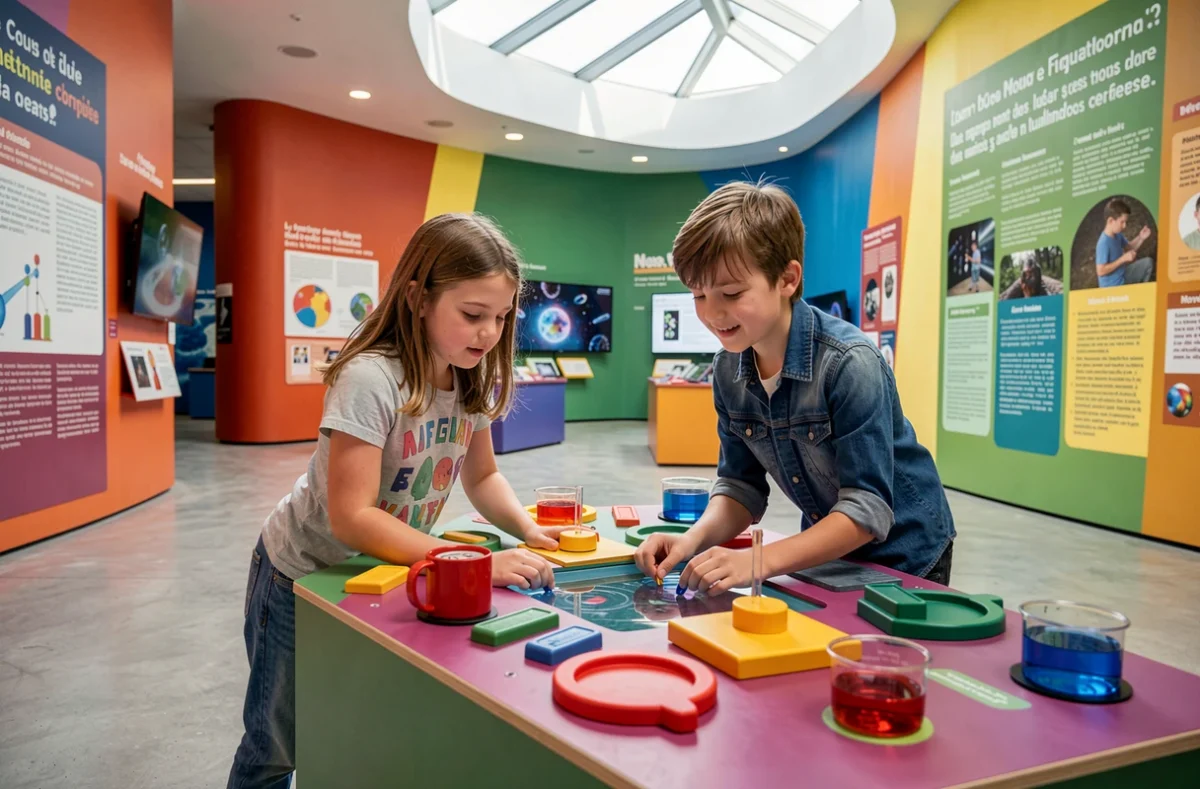 Enfants interagissant avec une exposition scientifique ludique à la Cité Nature d'Arras