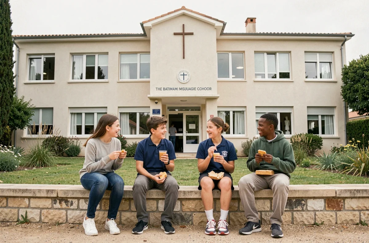 Groupe d'élèves du Collège Notre-Dame des Missions à Toulon assis sur un muret du jardin pendant la pause dans la cour de l'établissement